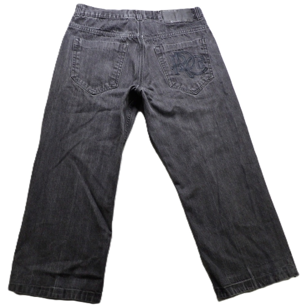 VTG Y2K Rocawear Men Baggy Denim Jeans Black Embroidered Relaxed Hip Hop 36 Logo